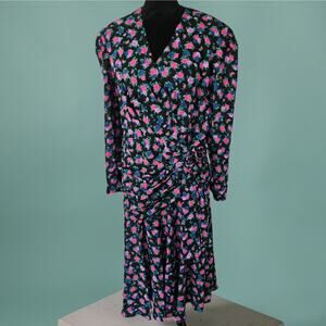 ​LIZ ROBERTS Vintage Floral Wrap Dress Women 100% Polyester 90s 80 Pink Blue
